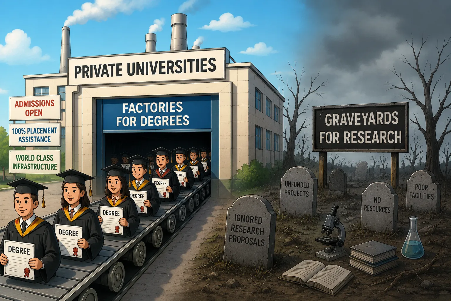Private Universities:  Factories for Degrees, Graveyards for Research